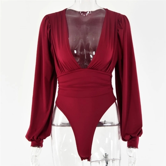 Burgundy Red Deep V Neck Long Balloon Sleeve Bodysuit - Picture 2 of 11